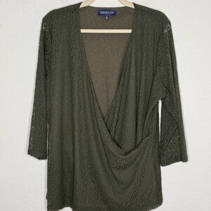 NWOT Jones NY Signature Woman Blouse sz 2X Trendy Olive Green Dressy Lacey